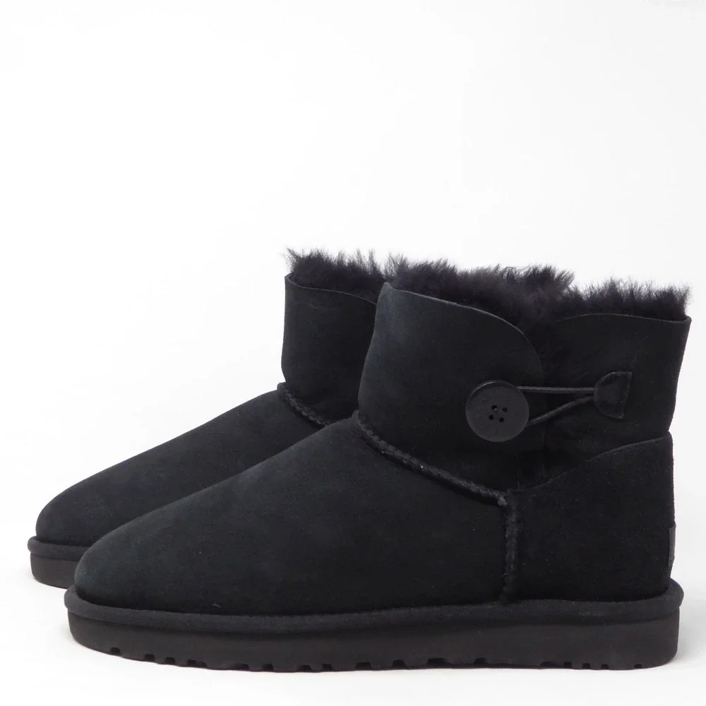 NEW UGG Women Boots Black Mini Bailey Button II Suede Sheepskin 10
